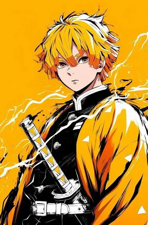 Xem Zenitsu phong cách poster, áo đen vàng, nét vẽ gọn, hợp đặt icon không rối