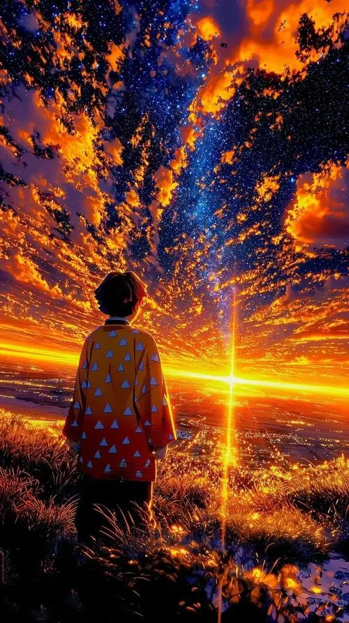 Ảnh bóng người nhìn hoàng hôn bùng lửa, tông cam rực, hợp mood Zenitsu bứt tốc