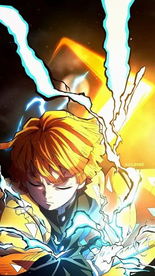 Ảnh Zenitsu phát sét xanh trắng sau lưng, ánh sáng lạnh, tạo cảm giác điện giật mạnh