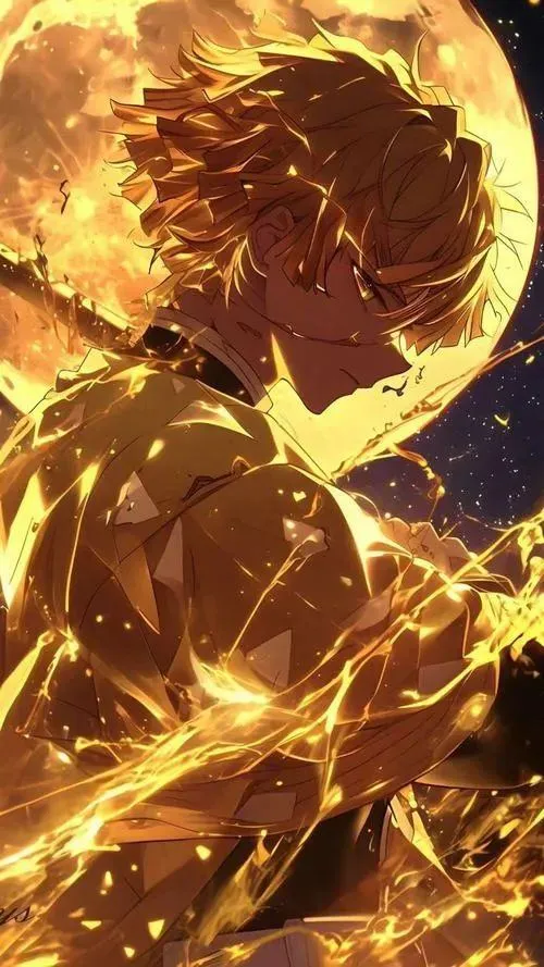 Tải Zenitsu cúi đầu trong biển sét vàng, hạt sáng bay, hợp mood đêm sâu yên tĩnh