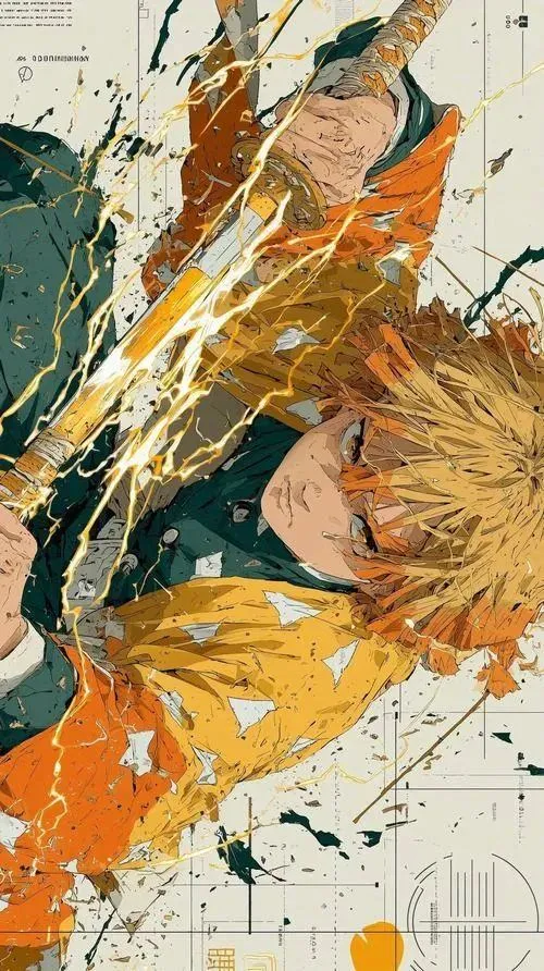 Xem Zenitsu phong cách tranh vệt màu, áo vàng cam nổi, nền trắng tối giản, dễ đặt icon