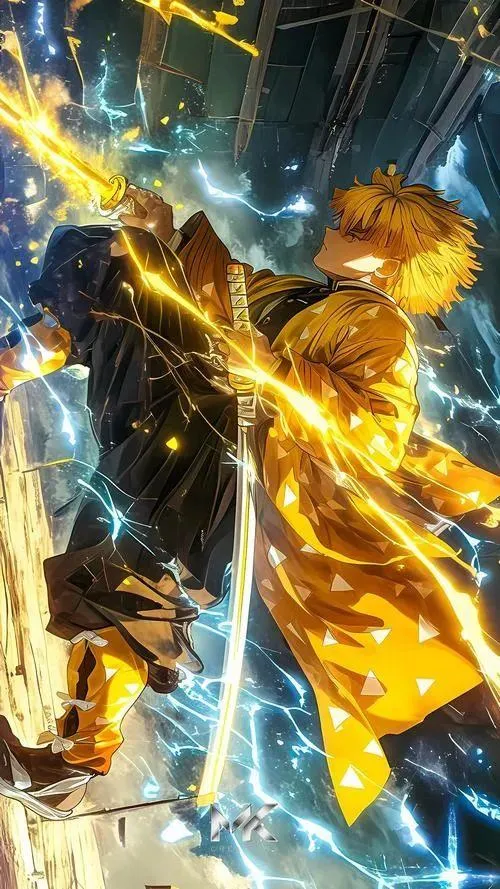 Lưu Zenitsu lao nhanh trong bão điện, tia sét vàng xanh đan nhau, cảm giác tốc độ