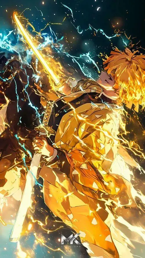 Chọn Zenitsu chém sét giữa nền tối, vệt sáng dọc mạnh, hợp màn hình dọc gọn gàng