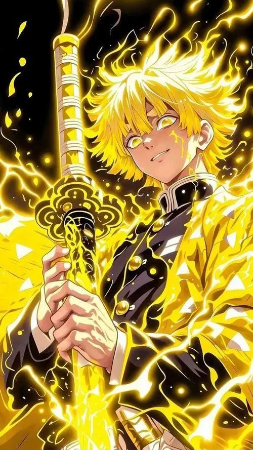 Gợi ý Zenitsu cầm kiếm chính diện, ánh vàng bùng nổ, biểu cảm quyết tâm rõ nét