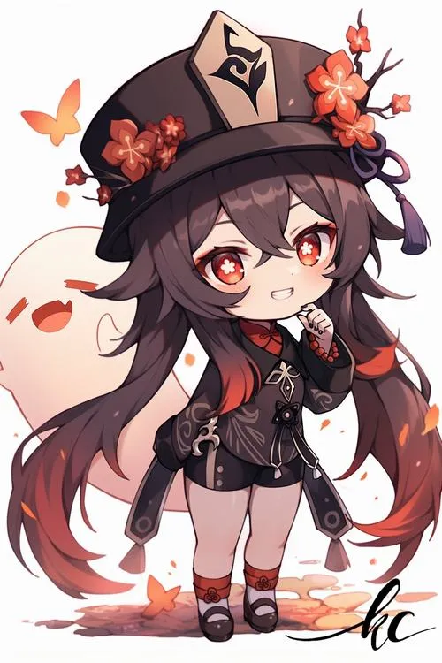 Hu Tao chibi đầu to mắt tròn, mũ có hoa, nền pastel dịu, cười tinh quái