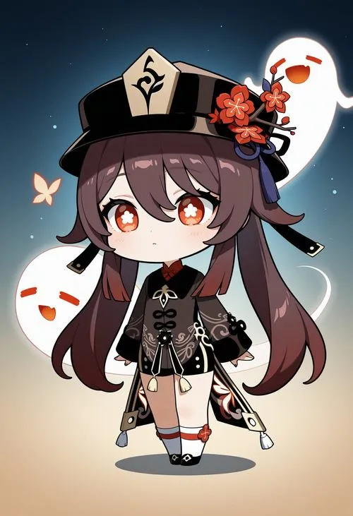 Hình Hu Tao phiên bản chibi, ánh sáng ấm, phản quang nhẹ trên tóc, tông tím đỏ dịu