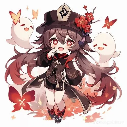 Fanart Hu Tao cute nền tối giản, mũ hoa nổi bật, hiệu ứng lửa nhỏ tạo điểm nhấn