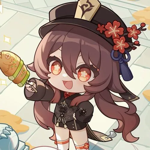 Hu Tao chibi dễ thương tay giơ chào, viền nét rõ, phối màu tím đỏ, cảm giác vui nhộn