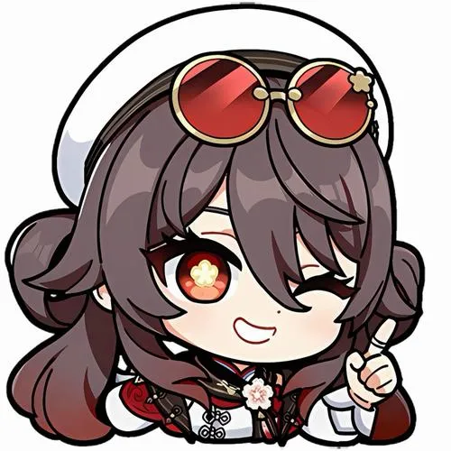 Hình Hu Tao chibi phối tím đỏ đen, hoa văn áo chuẩn, cảm giác huyền bí dễ gần