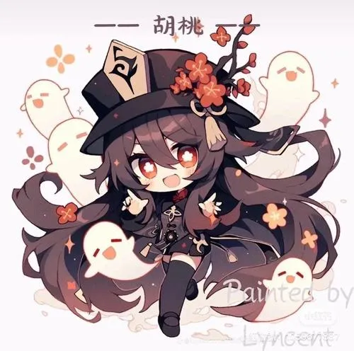 Ảnh Hu Tao tí hon cười khẽ, tóc buộc sau mềm, bố cục trung tâm, khoảng trống thoáng