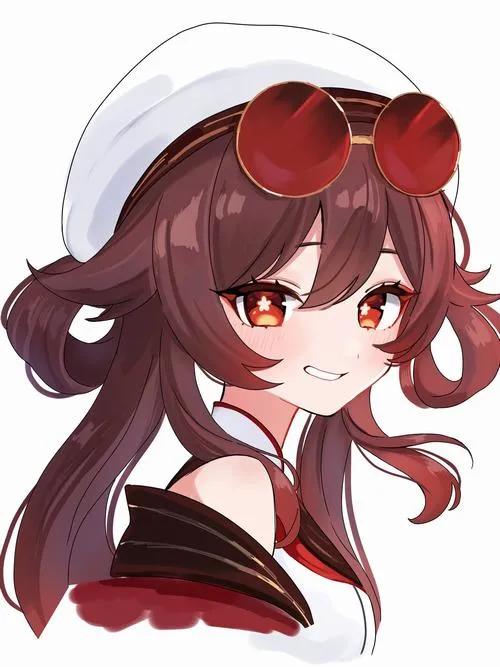 Ảnh Hu Tao tí hon nền trơn, phụ kiện bùa giấy nổi bật, ánh sáng ấm và bóng đổ nhẹ