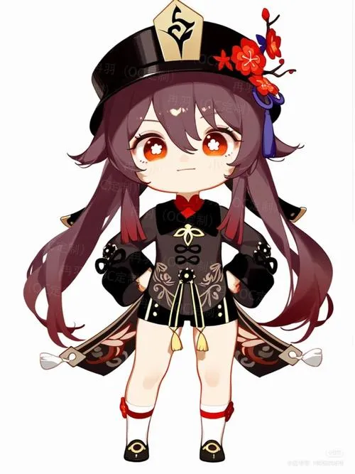 Tranh Hu Tao đáng yêu cầm bùa, hiệu ứng tàn sáng, phối màu tím đỏ tạo vibe ấm