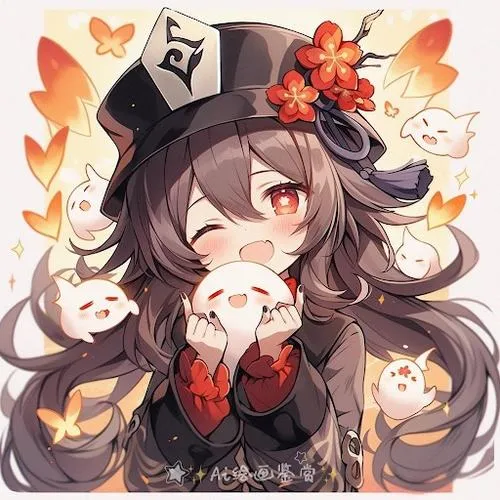 Tranh Hu Tao đáng yêu với mũ đặc trưng, hoa văn trang phục rõ nét, nền sao nhỏ vui mắt