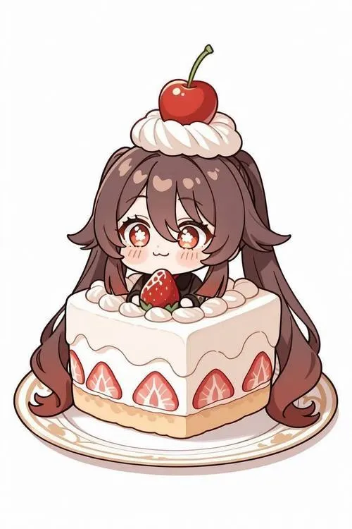 Hình Hu Tao phiên bản chibi, nền trơn sạch, bóng đổ nhẹ, mắt to sáng nổi bật