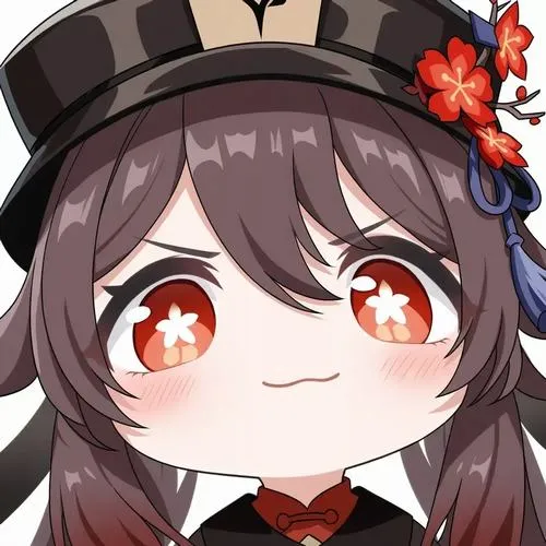 Hình Hu Tao chibi bí ẩn, mắt long lanh sắc sảo, bố cục gọn, điểm nhấn phụ kiện mũ