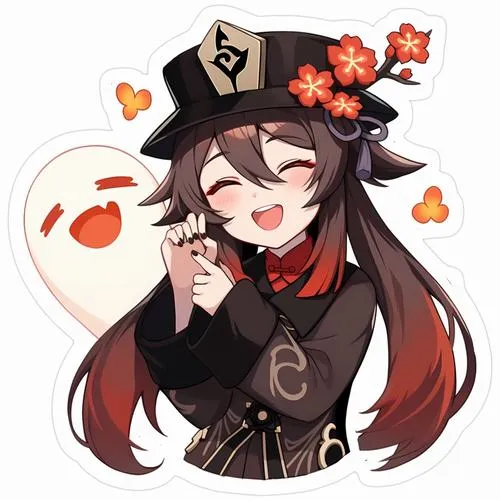 Ảnh Hu Tao tí hon đứng nghiêng, phản quang tóc nhẹ, chi tiết mũ và hoa rõ nét