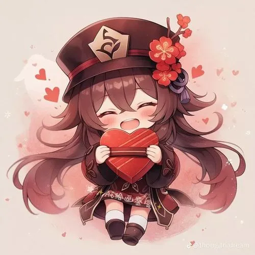 Minh họa Hu Tao chibi phong cách anime, đôi mắt long lanh, tóc lọn mềm, bố cục gọn