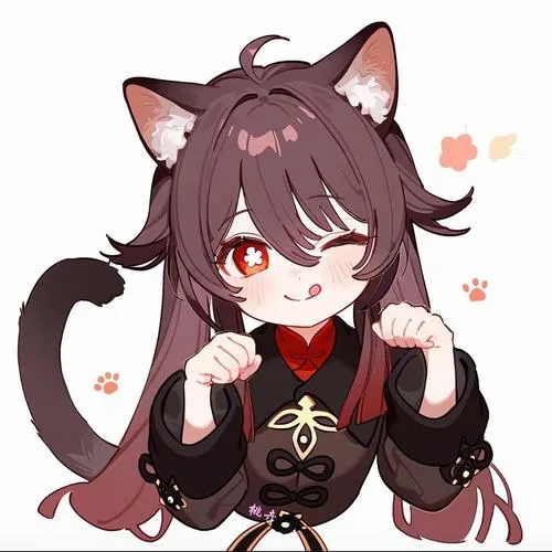 Hình Hu Tao phiên bản chibi, viền nét dày, má ửng hồng, hiệu ứng lửa nhỏ xinh