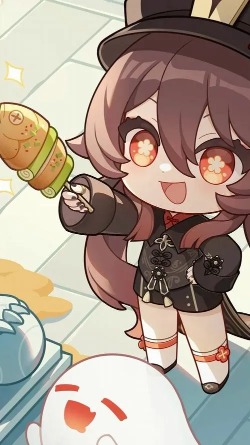 Hu Tao chibi bí ẩn mà cute, mắt tròn long lanh, tàn sáng bay quanh phụ kiện bùa