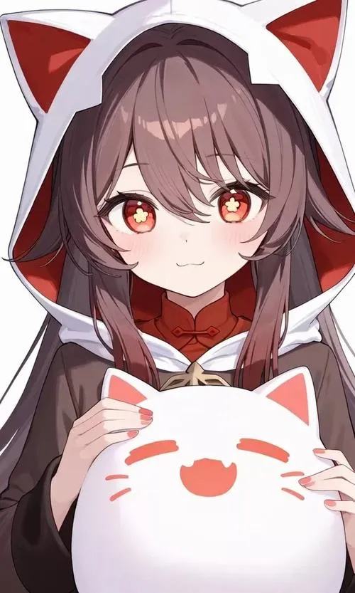 Ảnh Hu Tao chibi tối giản, nền trơn nhẹ, điểm nhấn chiếc mũ và nụ cười tinh nghịch