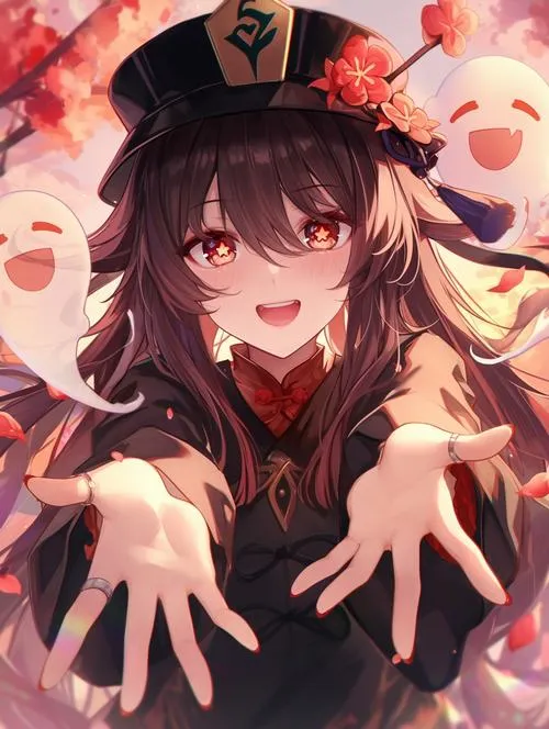 Minh họa Hu Tao chibi dạng sticker, đầu lớn thân nhỏ, má hồng, chấm bi nền pastel