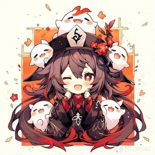 Hình Hu Tao chibi cho avatar, nền pastel, mắt to sáng, biểu cảm lém lỉnh đúng chất