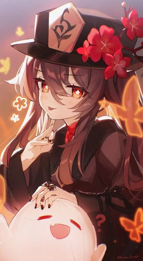 Ảnh Hu Tao chibi phong cách hoạt hình, miệng nhỏ, má ửng hồng, dáng nhảy nhót