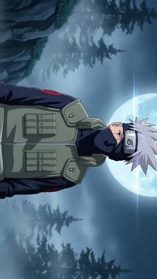 Hình đẹp thầy Kakashi đứng trước trăng lớn, nền trời sao, cảm giác tĩnh lặng sâu