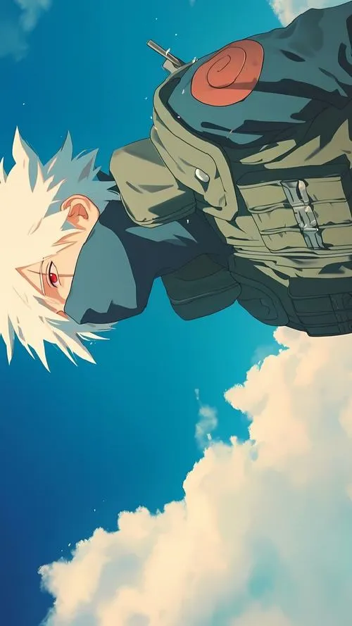 Ảnh ngầu thầy Kakashi nhìn từ xa trên mái ngói, tông nâu cổ, bối cảnh làng vắng