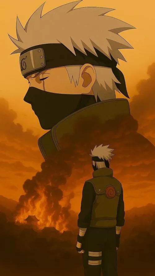 Hình anime thầy Kakashi trước nền tròn đỏ, bóng mực loang, chất trầm tối và cô độc