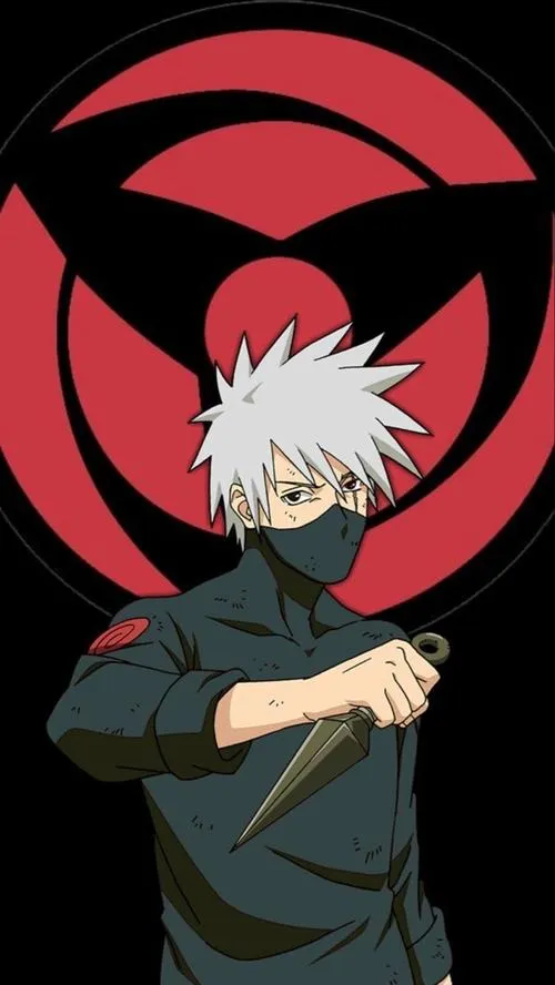 Ảnh fanart Kakashi Hatake cầm vũ khí, nền đỏ rực, ánh mắt quyết liệt như sắp lao vào trận