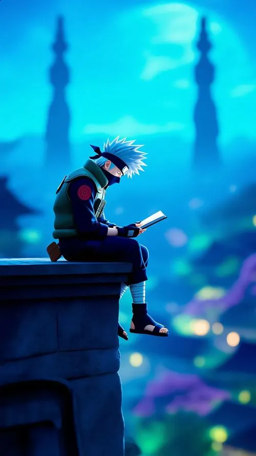 Ảnh ngầu thầy Kakashi đứng một mình, nền hồng cánh hoa rơi, dáng lặng im kiên định