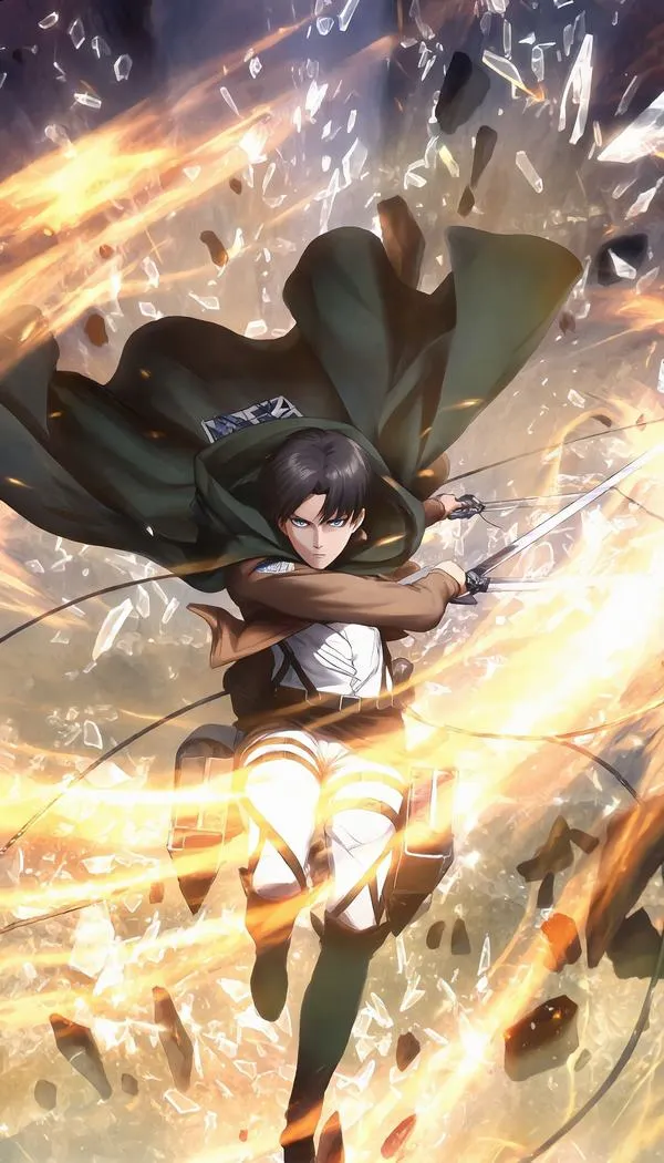 Ảnh fanart Levi Ackerman nhìn nghiêng, khuy cài áo choàng rõ nét, huy hiệu trinh sát nổi bật vừa đủ