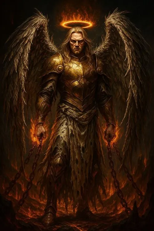 Thiên thần đen mang xích sắt kéo lê qua nền đá đen