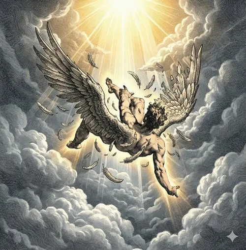 Bóng Lucifer đứng lặng dưới bầu trời giông và bóng tối