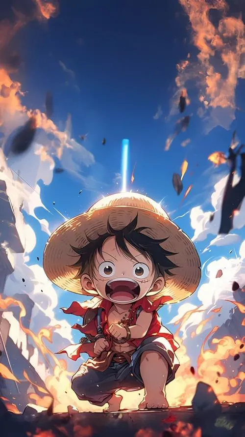 Ảnh Luffy đầu to thân nhỏ giữa khung cảnh rực lửa, ánh sáng mạnh, nhìn khá ngầu kiểu anime.