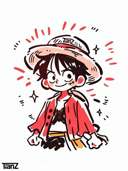 Avatar Luffy chibi nét phác tay, áo đỏ nổi, hiệu ứng tia quanh đầu tạo cảm giác hài hước.