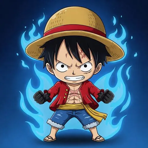 Ảnh Luffy cute đứng tạo thế, nền xanh aura bốc lên, nhìn mạnh mẽ mà vẫn dễ thương.