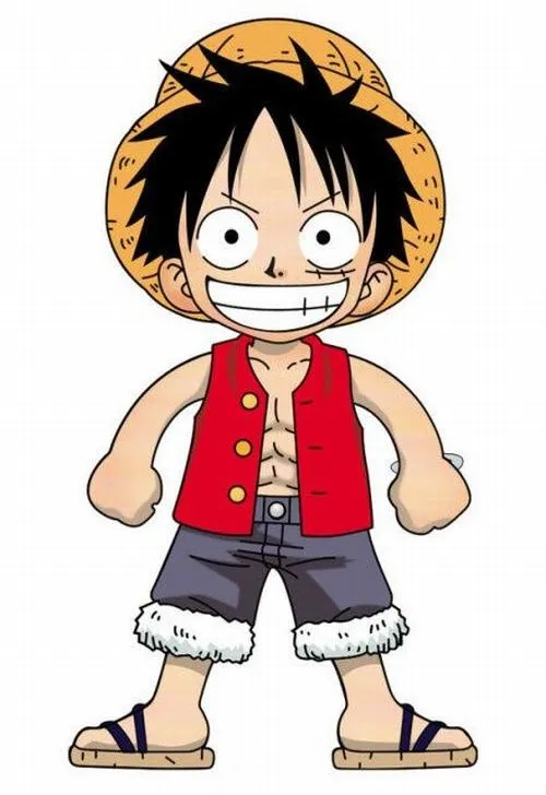 Hình nền Luffy chibi đứng thẳng nền trắng, áo đỏ quần xanh rõ mảng màu, hợp dùng lâu.