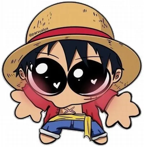 Ảnh Luffy phiên bản chibi mắt đen to tròn, tay dang rộng, biểu cảm ngơ ngác cực hài.