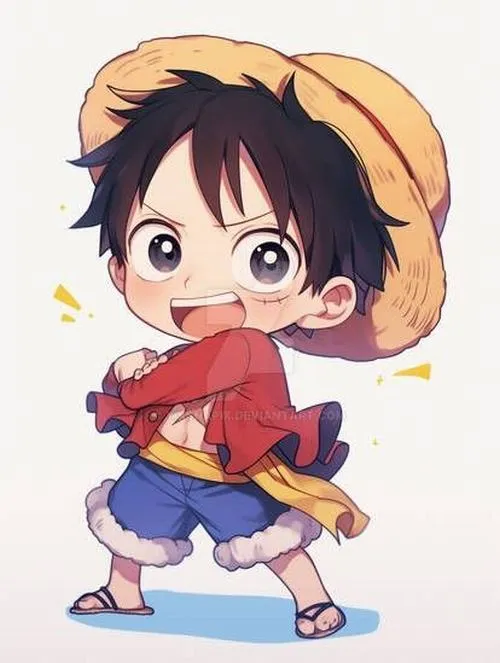 Hình Luffy chibi dáng chạy, áo đỏ bay nhẹ, hiệu ứng tia vàng, hợp làm ảnh bìa năng động.