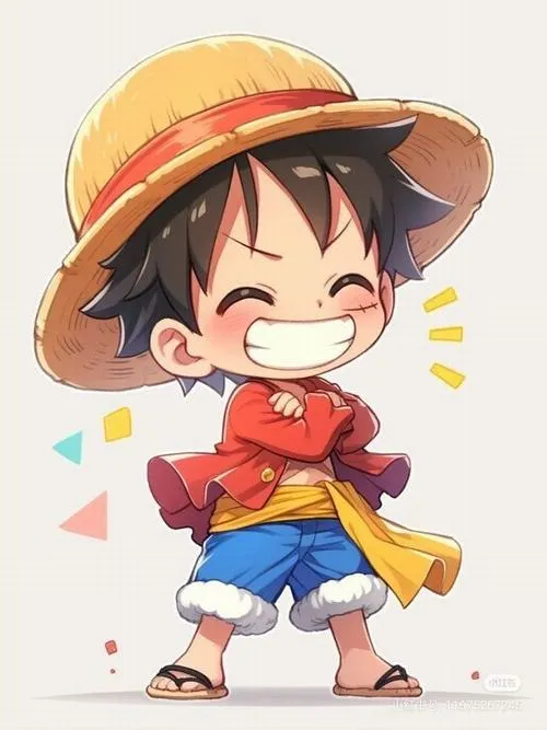 Ảnh Luffy đầu to thân nhỏ cười tít mắt, nền trắng có confetti, nhìn tươi như ảnh anime.