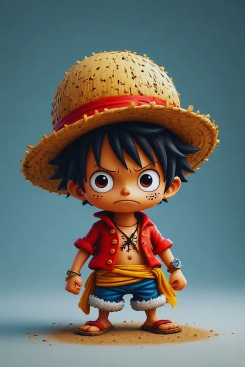 Ảnh fanart Luffy chibi kiểu mô hình 3D nhỏ, nền xanh xám, ánh đổ bóng mềm trông rất đẹp.