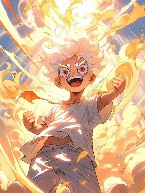 Ảnh fanart Luffy chibi tỏa hào quang vàng, biểu cảm bùng nổ, hợp làm ảnh bìa nổi bật.