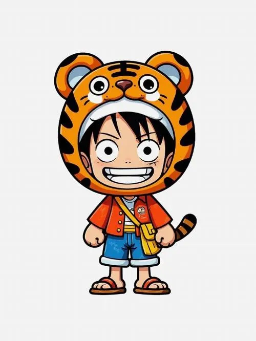 Ảnh Luffy phiên bản chibi mặc mũ thú sọc, đứng thẳng nền trắng, nhìn dễ thương và lạ mắt.