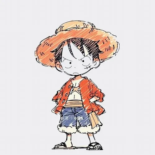 Hình nền Luffy chibi phác nét màu cam, mũ rơm rộng, tổng thể tối giản kiểu tranh tay.