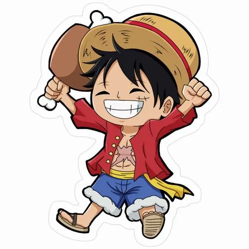 Ảnh fanart Luffy chibi nhảy tung, tay cầm mũ rơm, viền sticker rõ, cảm giác tự do.