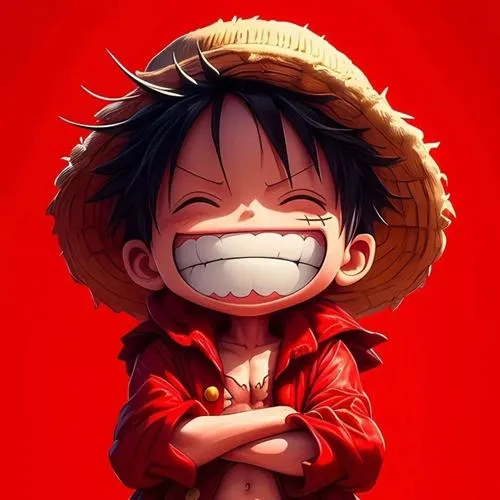 Ảnh Luffy chibi áo choàng đỏ nền đỏ rực, nụ cười bí hiểm, hợp ảnh bìa chất chơi.