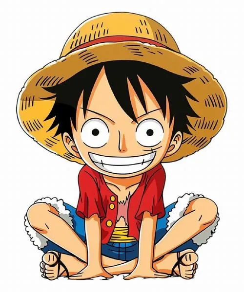 Avatar Luffy chibi ngồi xếp bằng cười rộng, mũ rơm vàng rõ nét, nền trắng sạch sẽ.