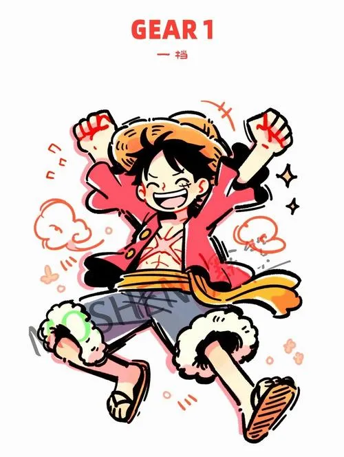 Ảnh Luffy kiểu sticker đang chạy nhảy, chữ Gear phía trên, nét viền đậm tạo cảm giác nghịch ngợm.